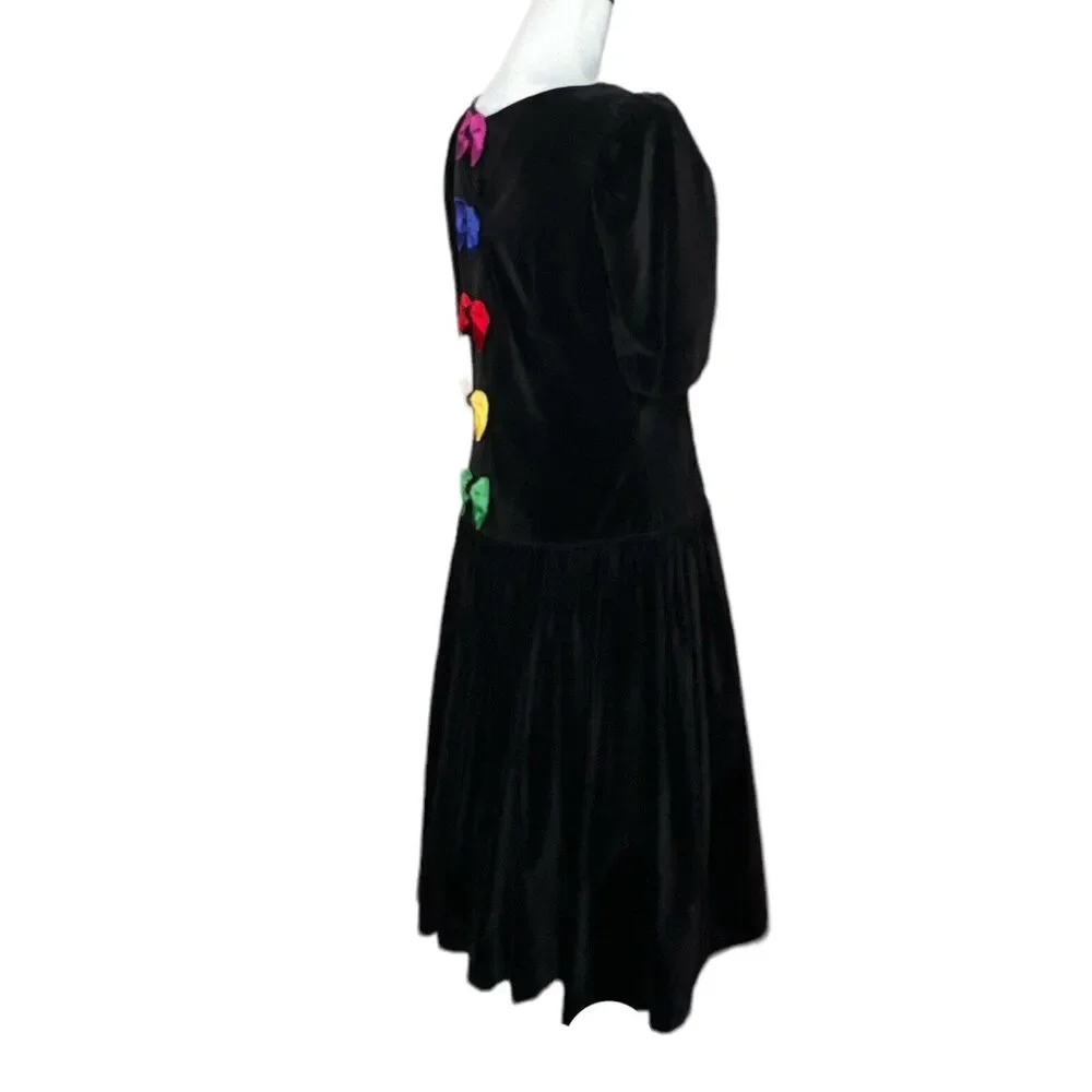 Vintage Black Velvet 80s Drop Waist Back Rainbow Bows Whimsygoth Dress 11/12 S - Picture 4 of 8
